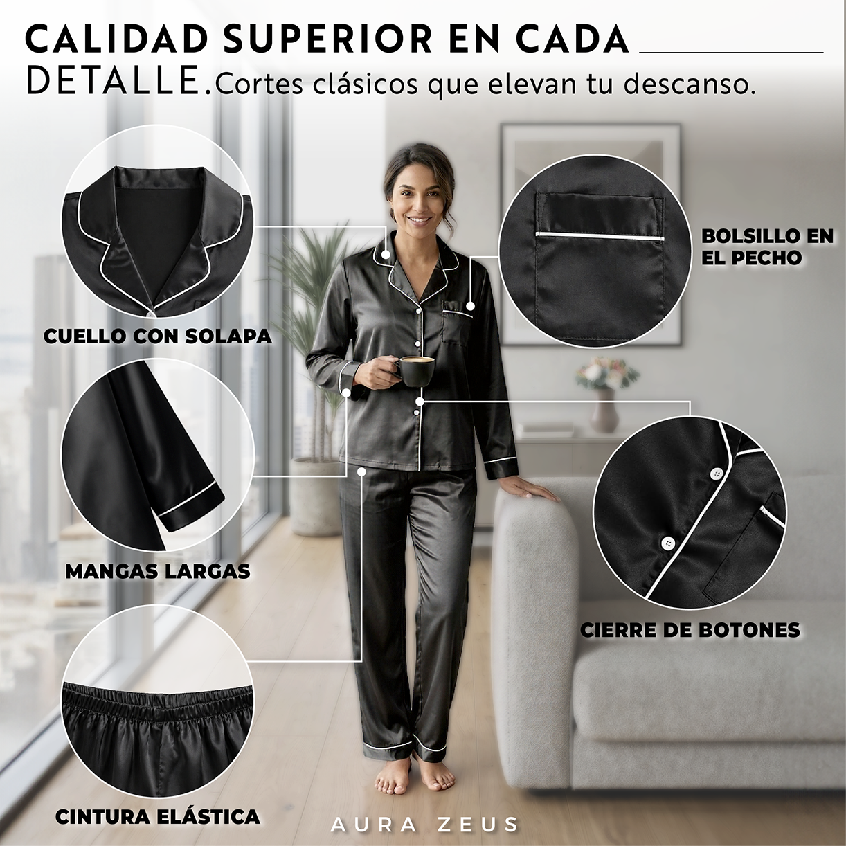 Pijama Largo De Saten Mujer 2 Piezas