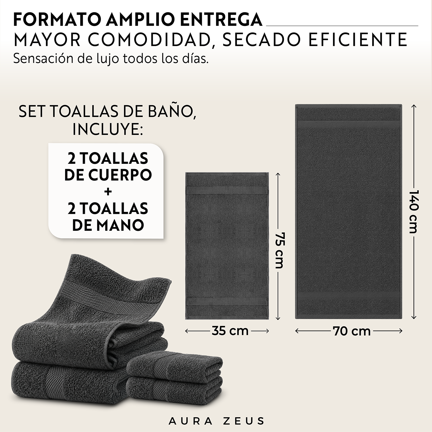 Set De 4 Toallas De Baño Algodon 600 Gr/m2