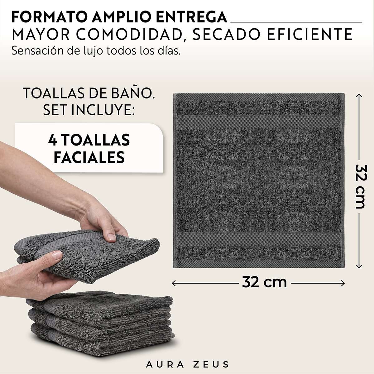 Juego De 4 Toallas Faciales 32 x 32 cm 600 Gr/m2