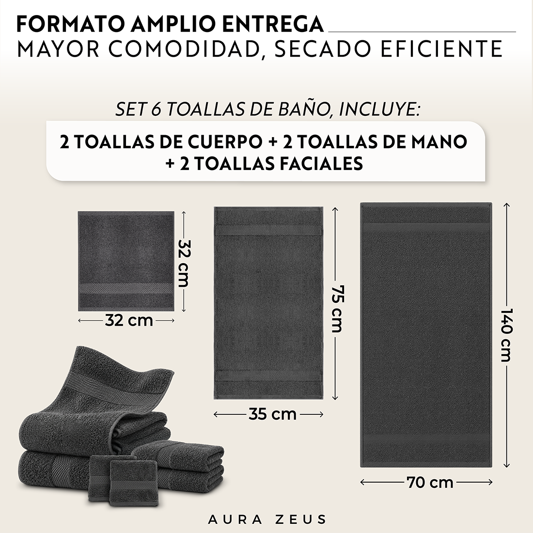 Set De 6 Toallas De Baño Algodon 600 Gr/m2