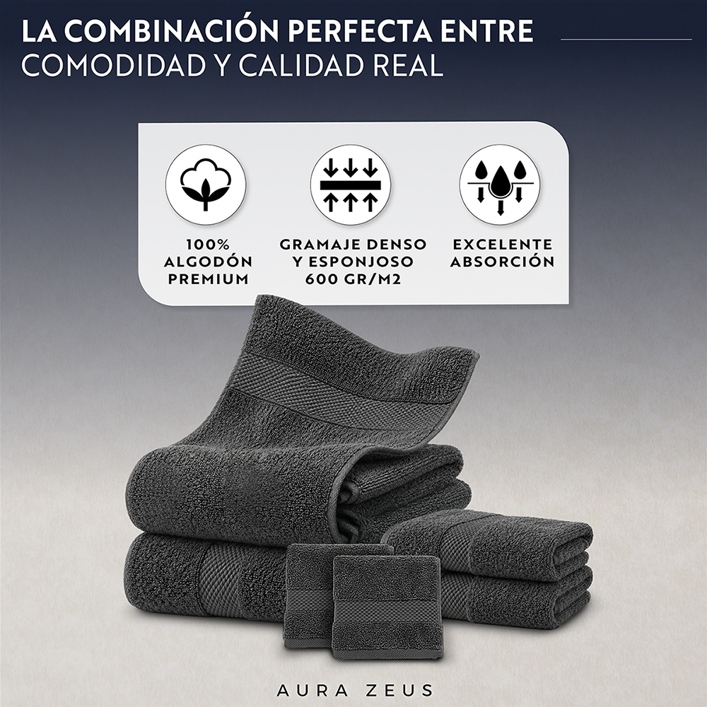 Set De 6 Toallas De Baño Algodon 600 Gr/m2