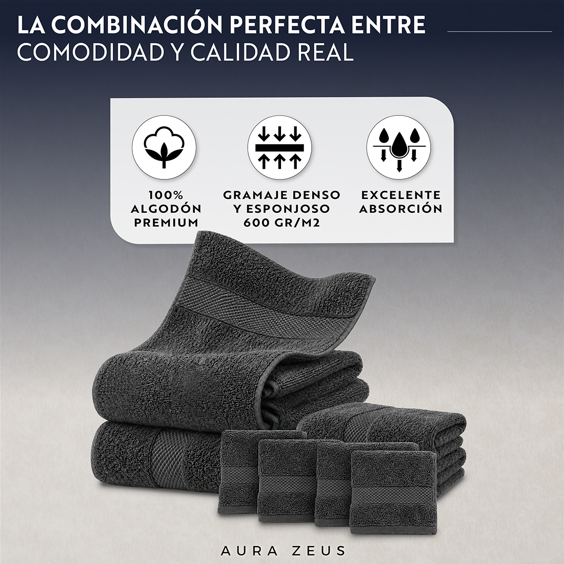 Set De 8 Toallas De Baño Algodon 600 Gr/m2