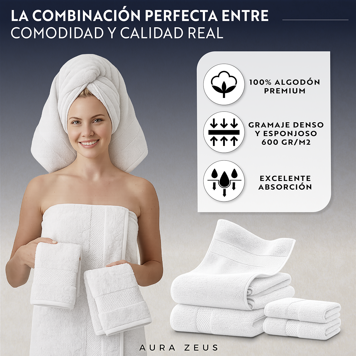Set De 4 Toallas De Baño Algodon 600 Gr/m2