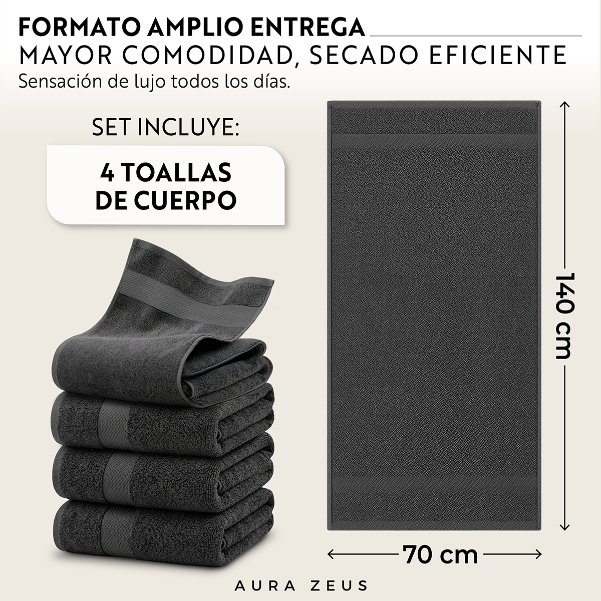Juego De 4 Toallas De Cuerpo 140 x 70 Cm 600 Gr/m2